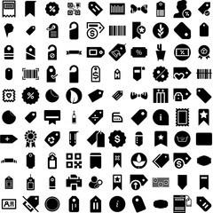 Collection Of 100 Label Icons Set Isolated Solid Silhouette Icons Including Tag, Label, Sticker, Vector, Design, Icon, Sign Infographic Elements Vector Illustration Logo