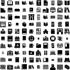 Collection Of 100 Library Icons Set Isolated Solid Silhouette Icons Including Book, Knowledge, Literature, Education, Library, Study, Shelf Infographic Elements Vector Illustration Logo