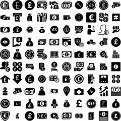 Collection Of 100 Pound Icons Set Isolated Solid Silhouette Icons Including Business, Cash, Currency, Finance, Bank, Banking, Money Infographic Elements Vector Illustration Logo