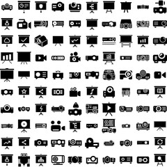 Collection Of 100 Projector Icons Set Isolated Solid Silhouette Icons Including Screen, Presentation, Cinema, Film, Video, Projector, Movie Infographic Elements Vector Illustration Logo
