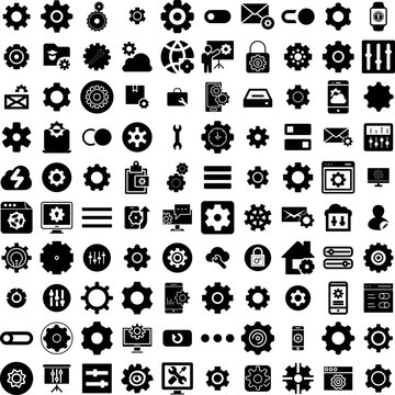 Collection Of 100 Settings Icons Set Isolated Solid Silhouette Icons Including Business, Technology, Symbol, Gear, Illustration, Vector, Icon Infographic Elements Vector Illustration Logo