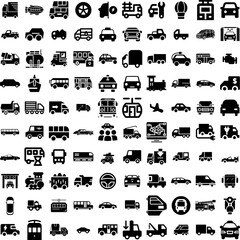 Collection Of 100 Vehicle Icons Set Isolated Solid Silhouette Icons Including Transport, Power, Car, Vehicle, Technology, Automobile, Battery Infographic Elements Vector Illustration Logo