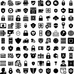 Collection Of 100 Security Icons Set Isolated Solid Silhouette Icons Including Internet, Privacy, Technology, Secure, Computer, Security, Protection Infographic Elements Vector Illustration Logo