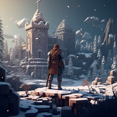 Medieval knight in a winter landscape and looking at a ruined castle, pixel art. generative AI	
