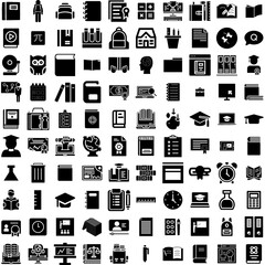 Collection Of 100 Education Icons Set Isolated Solid Silhouette Icons Including University, Knowledge, Book, Student, Icon, School, Education Infographic Elements Vector Illustration Logo