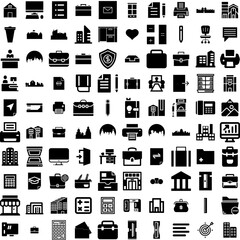 Collection Of 100 Office Icons Set Isolated Solid Silhouette Icons Including Table, Computer, Modern, Business, Office, Work, Technology Infographic Elements Vector Illustration Logo