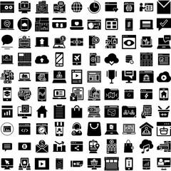 Collection Of 100 Online Icons Set Isolated Solid Silhouette Icons Including Concept, Online, Digital, Internet, Business, Technology, Store Infographic Elements Vector Illustration Logo