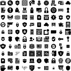 Collection Of 100 Security Icons Set Isolated Solid Silhouette Icons Including Technology, Internet, Computer, Privacy, Protection, Secure, Security Infographic Elements Vector Illustration Logo