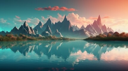 Fototapeta na wymiar Fantasy alien planet. Mountain and lake. Digital illustration, generative Ai