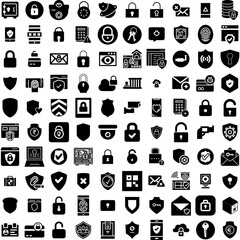 Collection Of 100 Security Icons Set Isolated Solid Silhouette Icons Including Secure, Security, Protection, Privacy, Internet, Technology, Computer Infographic Elements Vector Illustration Logo
