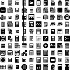 Collection Of 100 Calculator Icons Set Isolated Solid Silhouette Icons Including Financial, Accounting, Finance, Business, Economy, Calculator, Tax Infographic Elements Vector Illustration Logo