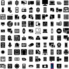 Collection Of 100 Devices Icons Set Isolated Solid Silhouette Icons Including Screen, Technology, Computer, Mobile, Digital, Tablet, Phone Infographic Elements Vector Illustration Logo