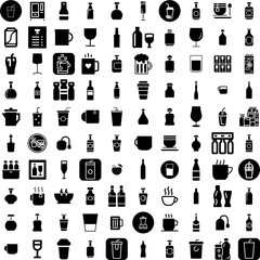 Collection Of 100 Drinks Icons Set Isolated Solid Silhouette Icons Including Young, Woman, Happy, Lifestyle, Beverage, Glass, Drink Infographic Elements Vector Illustration Logo