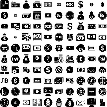 Collection Of 100 Currency Icons Set Isolated Solid Silhouette Icons Including Currency, Cash, Finance, Payment, Business, Money, Exchange Infographic Elements Vector Illustration Logo