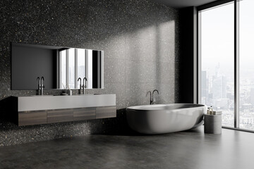 Fototapeta na wymiar Gray bathroom corner with double sink and tub