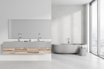 Fototapeta na wymiar White bathroom interior with double sink and tub