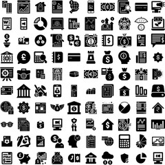 Collection Of 100 Financial Icons Set Isolated Solid Silhouette Icons Including Finance, Investment, Growth, Business, Analysis, Financial, Graph Infographic Elements Vector Illustration Logo