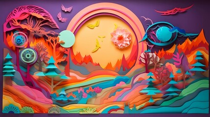 Fototapeta na wymiar Paper craft whimsical fantasy landscape with gradient fade colors. 3D abstract background with paper cut shapes. Colorful carving art. Ai generative