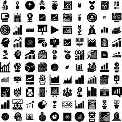 Collection Of 100 Growth Icons Set Isolated Solid Silhouette Icons Including Graph, Success, Development, Concept, Progress, Growth, Business Infographic Elements Vector Illustration Logo