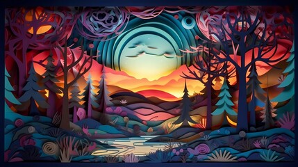 Obraz na płótnie Canvas Paper craft whimsical fantasy landscape with gradient fade colors. 3D abstract background with paper cut shapes. Colorful carving art. Ai generative