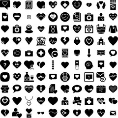 Collection Of 100 Heart Icons Set Isolated Solid Silhouette Icons Including Heart, Icon, Valentine, Love, Symbol, Background, Vector Infographic Elements Vector Illustration Logo