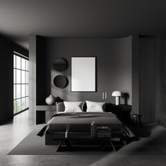 Gray master bedroom interior with vertical poster