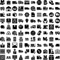 Collection Of 100 Logistics Icons Set Isolated Solid Silhouette Icons Including Cargo, Business, Transportation, Shipping, Freight, Truck, Delivery Infographic Elements Vector Illustration Logo