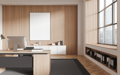 Beige and wooden CEO office interior with poster