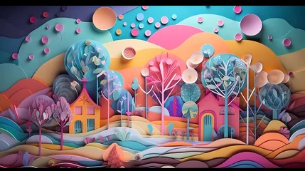Fotobehang Paper craft whimsical fantasy landscape with gradient fade colors. 3D abstract background with paper cut shapes. Colorful carving art. Ai generative © serdjo13