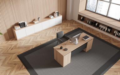 Beige and wooden CEO office interior, top view