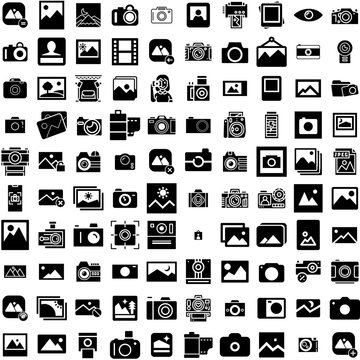 Collection Of 100 Photograph Icons Set Isolated Solid Silhouette Icons Including Photograph, Photography, Photo, Background, Camera, Picture, Design Infographic Elements Vector Illustration Logo