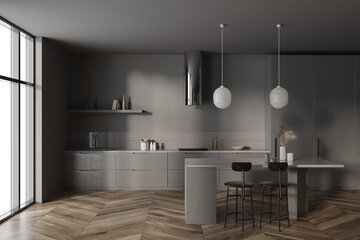 Stylish gray kitchen interior with bar