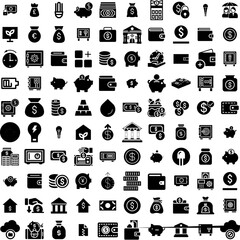 Collection Of 100 Saving Icons Set Isolated Solid Silhouette Icons Including Money, Business, Illustration, Save, Vector, Icon, Finance Infographic Elements Vector Illustration Logo