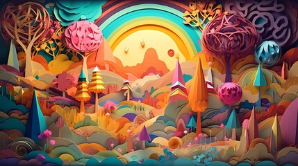 Fototapeta na wymiar Paper craft whimsical fantasy landscape with gradient fade colors. 3D abstract background with paper cut shapes. Colorful carving art. Ai generative