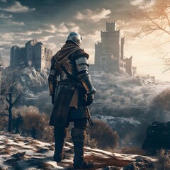 Medieval knight in a winter landscape and looking at a ruined castle. generative AI	
