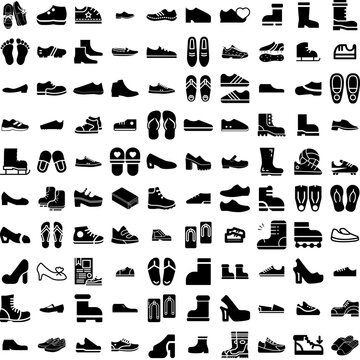 Collection Of 100 Shoes Icons Set Isolated Solid Silhouette Icons Including Shoe, Foot, Footwear, Fashion, Sport, Background, Isolated Infographic Elements Vector Illustration Logo