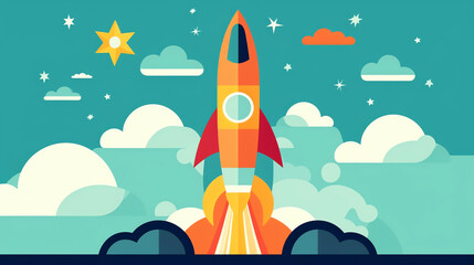 AI generated: Picture of rocket flying above clouds, business startup banner concept, flat style illustration