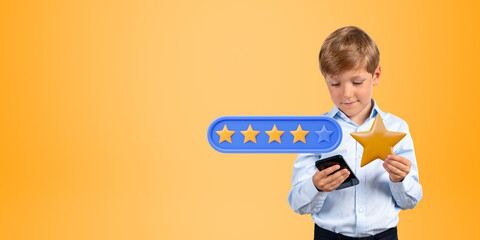 Boy with smartphone and star giving four star rating