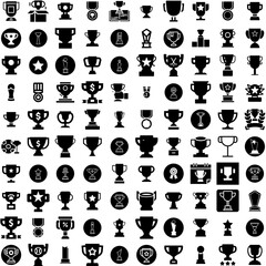 Collection Of 100 Trophy Icons Set Isolated Solid Silhouette Icons Including Competition, Award, Vector, Prize, Trophy, Winner, Champion Infographic Elements Vector Illustration Logo
