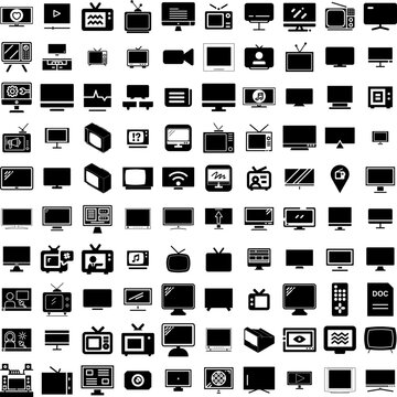 Collection Of 100 Television Icons Set Isolated Solid Silhouette Icons Including Tv, Video, Display, Technology, Screen, Entertainment, Television Infographic Elements Vector Illustration Logo