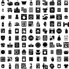 Collection Of 100 Washing Icons Set Isolated Solid Silhouette Icons Including Hand, Vector, Hygiene, Water, Clean, Wash, Soap Infographic Elements Vector Illustration Logo