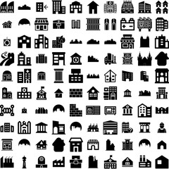 Collection Of 100 Building Icons Set Isolated Solid Silhouette Icons Including Building, Office, Architecture, Urban, Construction, Business, City Infographic Elements Vector Illustration Logo