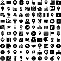 Collection Of 100 Location Icons Set Isolated Solid Silhouette Icons Including Location, Place, Pin, Vector, Sign, Icon, Symbol Infographic Elements Vector Illustration Logo