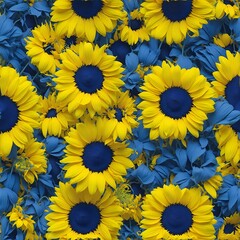 Fototapeta na wymiar Blue and yellow daisies and sunflowers seamless pattern. Ukrainian background