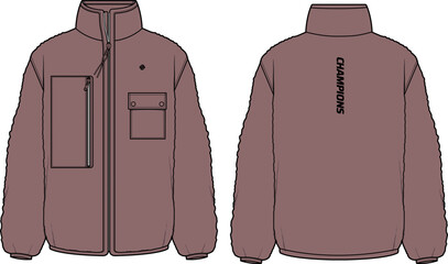Long sleeve Fleece jacket design flat sketch Illustration, jacket with Zipper front and back view, Anorak winter jacket for Men and women. for training, Running and workout in winter. - obrazy, fototapety, plakaty