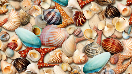 Summer time theme of assorted colorful sea shells with beautiful starfish lay flat composition, top view. Generative Ai