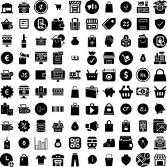 Collection Of 100 Commerce Icons Set Isolated Solid Silhouette Icons Including Technology, Online, Retail, Store, Web, Business, Internet Infographic Elements Vector Illustration Logo