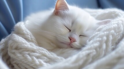 Obraz premium Adorable White Cat Nestled in a Blue Blanket in Kawaii Aesthetic | AI Generated.