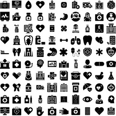Collection Of 100 Healthcare Icons Set Isolated Solid Silhouette Icons Including Clinic, Medical, Hospital, Care, Health, Doctor, Medicine Infographic Elements Vector Illustration Logo
