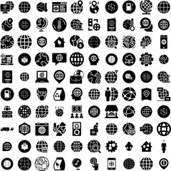 Collection Of 100 Global Icons Set Isolated Solid Silhouette Icons Including Background, Network, Internet, Global, Technology, Concept, Business Infographic Elements Vector Illustration Logo